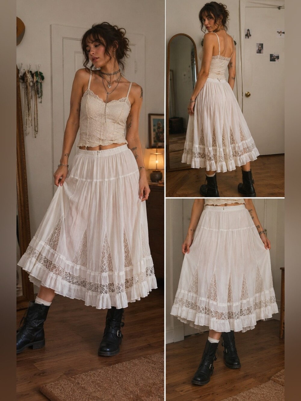 Temptations Cream Lace-Panel Midi Skirt